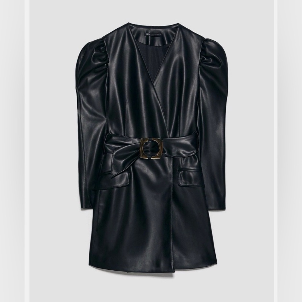 Zara Black Faux Leather Wrap Dress